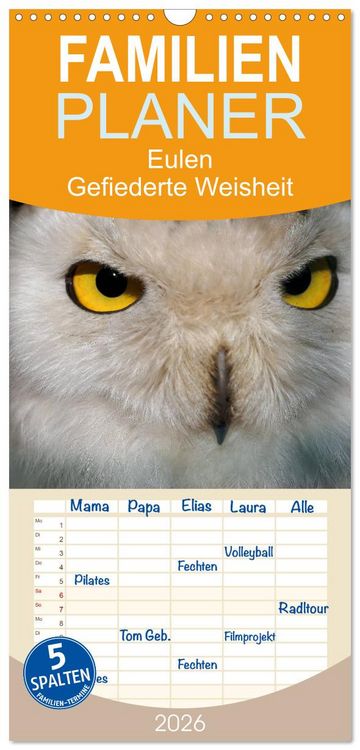 Produktbild: Familienplaner 2026 - Eulen. Gefiederte Weisheit mit 5 Spalten (Wandkalender, 21 x 45 cm) CALVENDO
