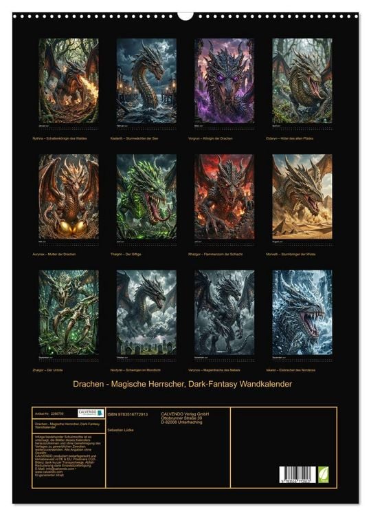 Produktbild: Drachen - Magische Herrscher, Dark‑Fantasy Wandkalender (Wandkalender 2027 DIN A2 hoch), CALVENDO Monatskalender