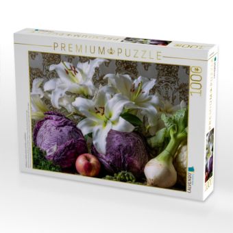 Produktbild: CALVENDO Puzzle Stillleben in Wei&szlig; und Lila mit Lilien und Rotkohl | 1000 Teile Lege-Gr&ouml;&szlig;e 64x48cm Foto-Puzzle f&uuml;r gl&uuml;ckliche Stunden