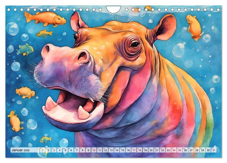 Produktbild: Hippos bekennen Farbe - kunterbunter Nilpferdspa&szlig; (Wandkalender 2026 DIN A4 quer), CALVENDO Monatskalender