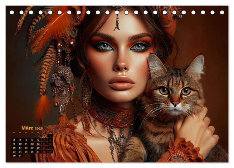 Produktbild: Luxuri&ouml;ser Bohemian Flair - Elegante Frauen mit anmutigen Katzen (Tischkalender 2026 DIN A5 quer), CALVENDO Monatskalender