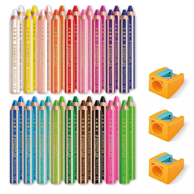 Produktbild: STAEDTLER Noris junior 140 Kindermalstift 3 in 1, Eimer mit 36 Malstiften in 18 sortierten Farben und 3 Spitzern, 140 C36