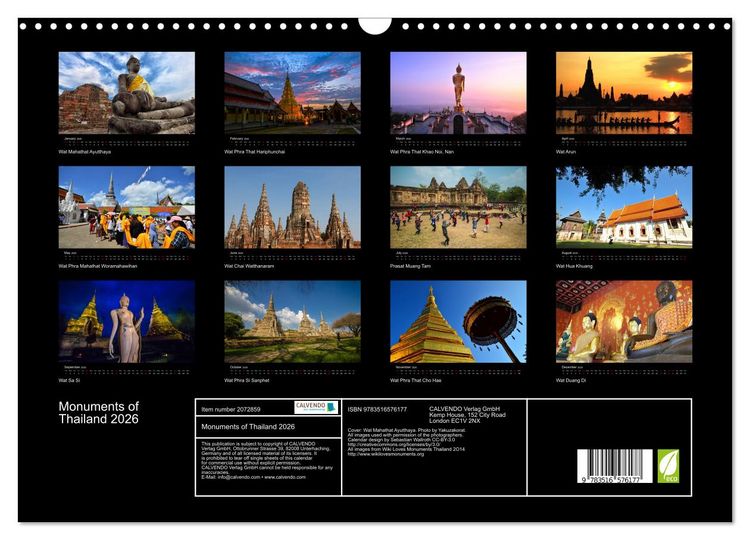 Produktbild: Monuments of Thailand 2026 (Wall Calendar 2026 DIN A3 landscape), CALVENDO 12 Month Wall Calendar