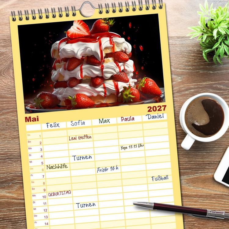 Produktbild: Familienplaner 2027 - Erdbeerzauber - Erdbeer-Schlemmereien mit Eis und Kuchen en masse! mit 5 Spalten (Wandkalender, 21 x 45 cm) CALVENDO