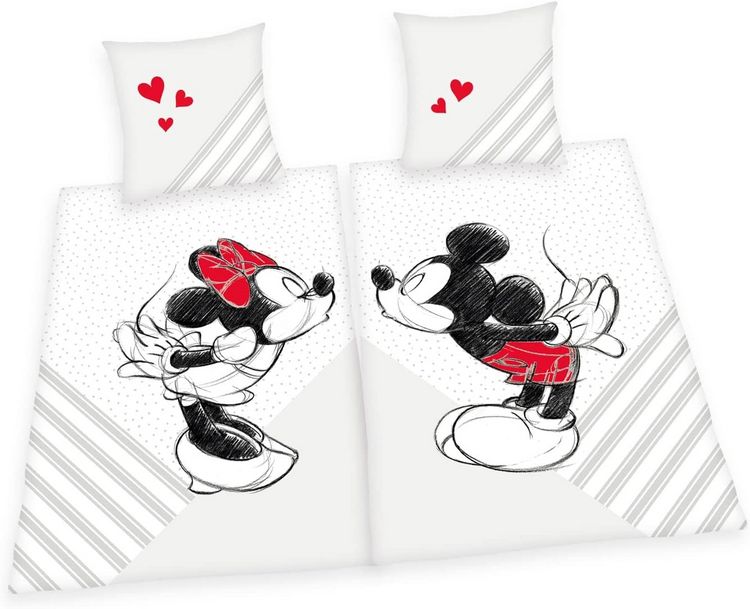 Produktbild: Herding 4478480250 - Disney Mickey & Minnie Mouse Partnerbettw&auml;sche, Bettw&auml;sche-Set, 2x80x80cm und 2x135x200cm