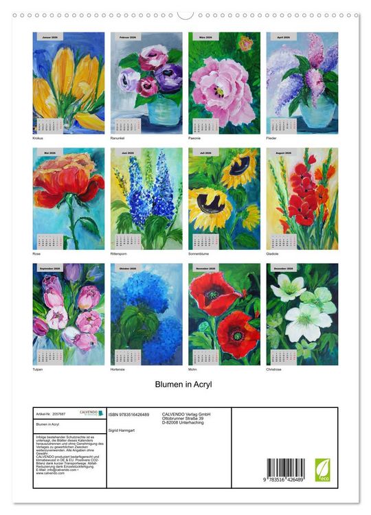 Produktbild: Blumen in Acryl (hochwertiger Premium Wandkalender 2026 DIN A2 hoch), Kunstdruck in Hochglanz