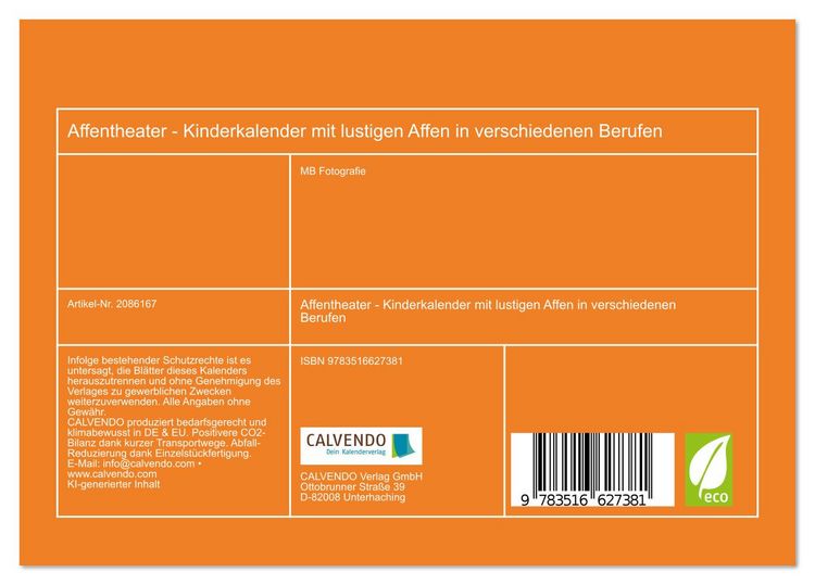 Produktbild: Affentheater - Kinderkalender mit lustigen Affen in verschiedenen Berufen (Tischkalender 2026 DIN A5 quer), CALVENDO Monatskalender