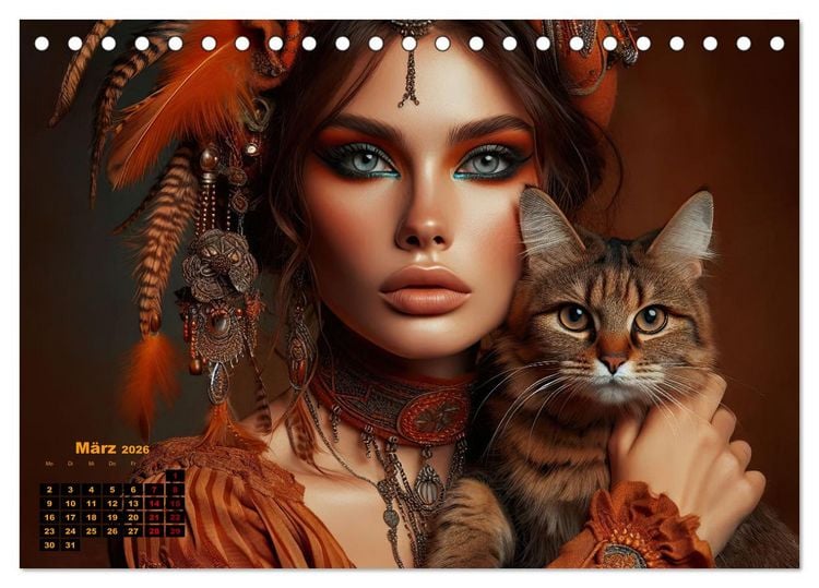 Produktbild: Luxuri&ouml;ser Bohemian Flair - Elegante Frauen mit anmutigen Katzen (Tischkalender 2026 DIN A5 quer), CALVENDO Monatskalender
