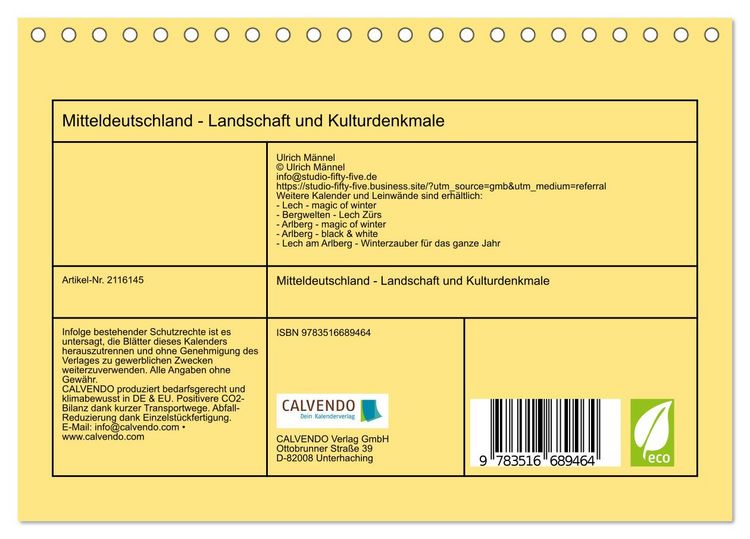 Produktbild: Mitteldeutschland - Landschaft und Kulturdenkmale (Tischkalender 2026 DIN A5 quer), CALVENDO Monatskalender