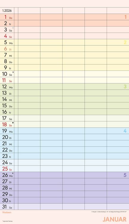 Produktbild: Superplaner Farbenfroh 2026 - 5 Spalten - Familienkalender 26x45 cm - Offset-Papier - mit Ferienterminen - Wandkalender - Wandplaner