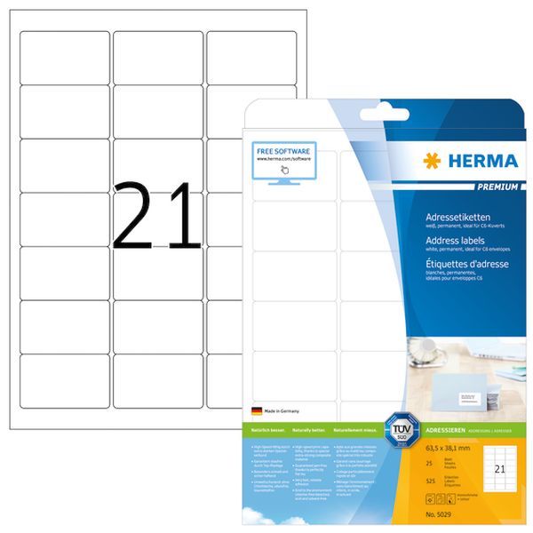 Produktbild: HERMA Adressetiketten permanent wei&szlig; 63,5x38,1mm 25 Blatt 525 St&uuml;ck