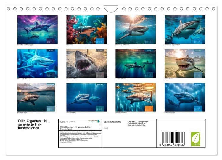 Produktbild: Stille Giganten - KI-generierte Hai-Impressionen (Wandkalender 2026 DIN A4 quer), CALVENDO Monatskalender