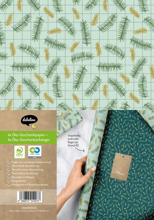 Produktbild: Geschenkpapier Set Weihnachten f&uuml;r Erwachsene: Tannenzweige, kariert (modern, edel, gr&uuml;n)