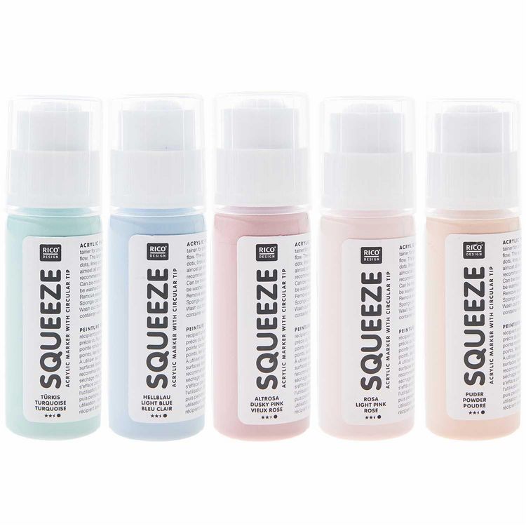 Produktbild: Squeeze Marker, 5x60ml Pastell Set (Puder / Hellrosa / Altrosa / Hellblau / T&uuml;rkis)