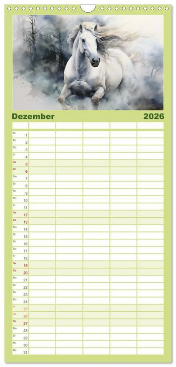 Produktbild: Familienplaner 2026 - Anmutige Schimmel. &Auml;sthetik Aquarell-Pferde mit 5 Spalten (Wandkalender, 21 x 45 cm) CALVENDO