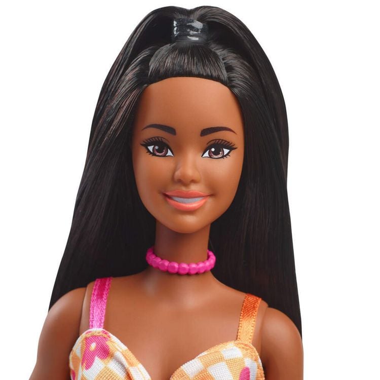 Produktbild: Barbie Fashionista Puppe im pink-orangenen Karokleid