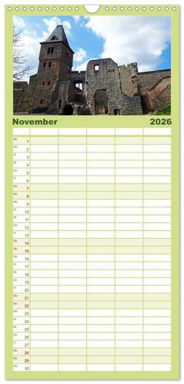 Produktbild: Familienplaner 2026 - Liebliche Bergstra&szlig;e - Burgen, Wein und Fachwerk mit 5 Spalten (Wandkalender, 21 x 45 cm) CALVENDO