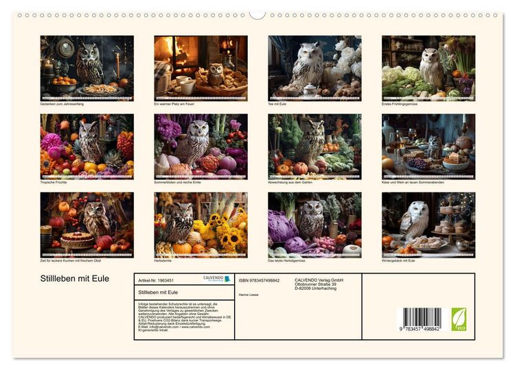 Produktbild: Stillleben mit Eule (hochwertiger Premium Wandkalender 2026 DIN A2 quer), Kunstdruck in Hochglanz