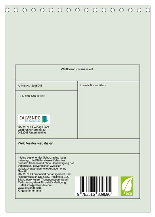 Produktbild: Weltliteratur visualisiert (Tischkalender 2026 DIN A5 hoch), CALVENDO Monatskalender