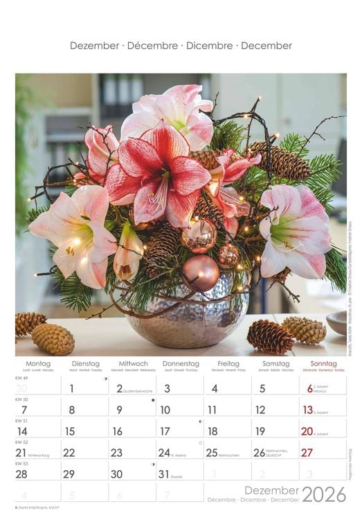 Blumen 2026 - Bildkalender 23,7x34 cm - Kalender mit Platz für Notizen - mit vielen Zusatzinformationen - Wandkalender - Blumenkalender