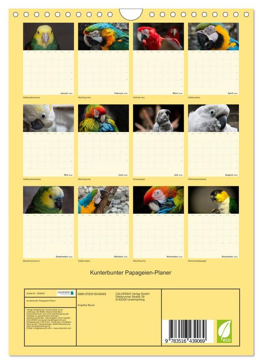 Produktbild: Kunterbunter Papageien-Planer (Wandkalender 2026 DIN A4 hoch), CALVENDO Monatskalender