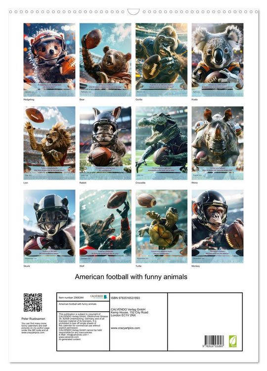 Produktbild: American football with funny animals (Wall Calendar 2026 DIN A2 portrait), CALVENDO 12 Month Wall Calendar