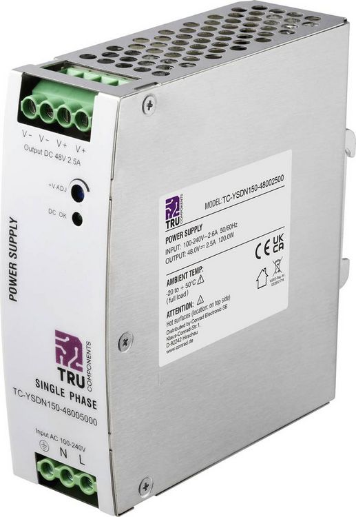Produktbild: TRU COMPONENTS TC-13807988 Hutschienen-Netzteil (DIN-Rail) 48 V/DC 2.5 A 120 W Anzahl Ausg&auml;nge:1 x Inhalt 1 St.