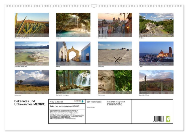Produktbild: Bekanntes und Unbekanntes MEXIKO (Wandkalender 2026 DIN A2 quer), CALVENDO Monatskalender