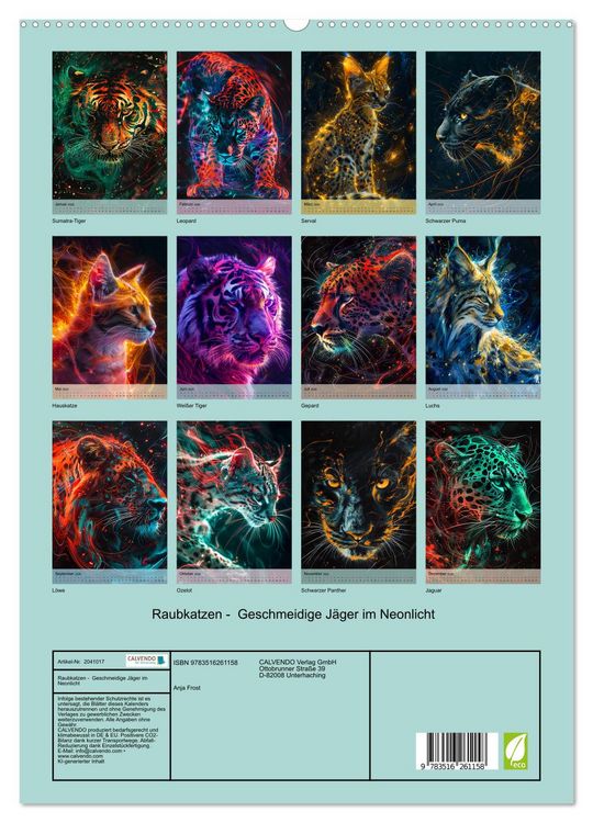 Produktbild: Raubkatzen - Geschmeidige J&auml;ger im Neonlicht (hochwertiger Premium Wandkalender 2026 DIN A2 hoch), Kunstdruck in Hochglanz