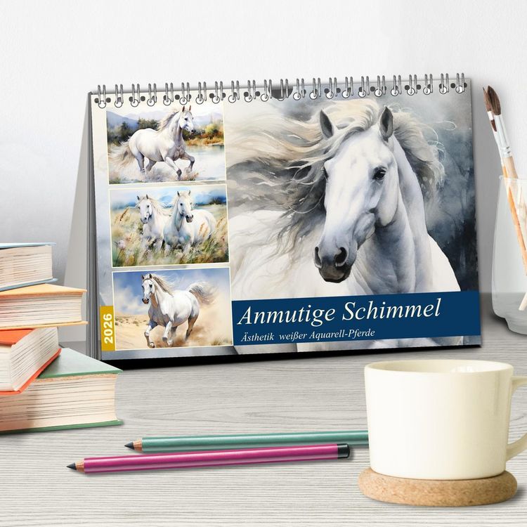 Produktbild: Anmutige Schimmel. &Auml;sthetik wei&szlig;er Aquarell-Pferde (Tischkalender 2026 DIN A5 quer), CALVENDO Monatskalender
