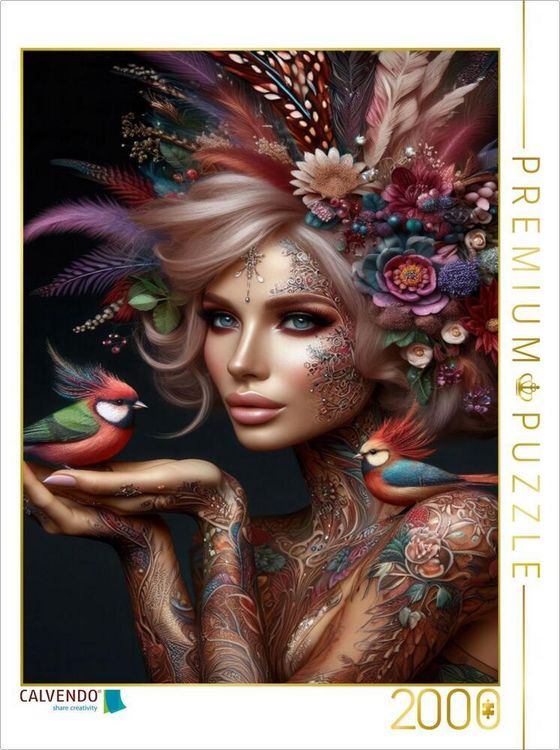 Produktbild: CALVENDO Puzzle Portrait einer Frau mit mauvefarbenen organischen Haarschmuck und Paradiesv&ouml;geln auf der Hand | 2000 Teile Lege-Gr&ouml;&szlig;e 90x67cm Foto-Puz