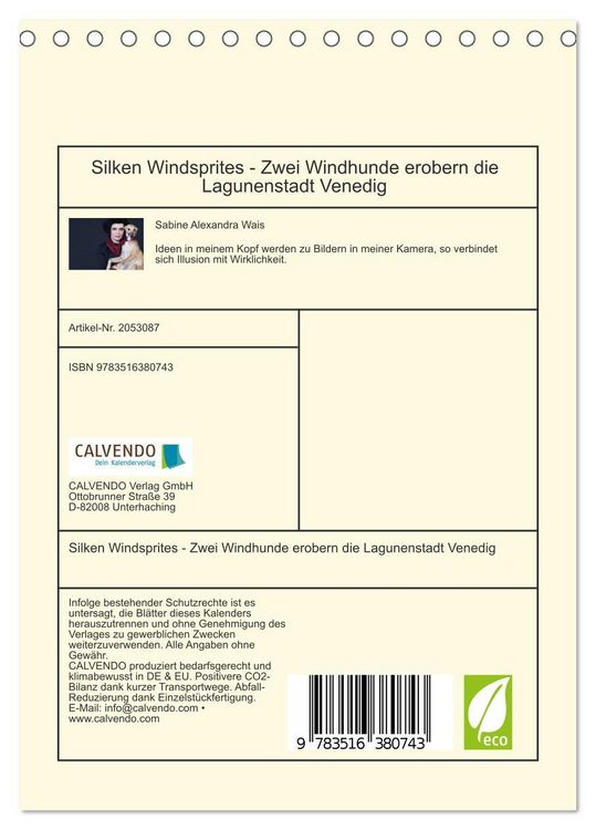 Produktbild: Silken Windsprites - Zwei Windhunde erobern die Lagunenstadt Venedig (Tischkalender 2026 DIN A5 hoch), CALVENDO Monatskalender