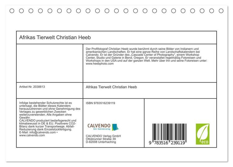 Produktbild: Afrikas Tierwelt Christian Heeb (Tischkalender 2026 DIN A5 quer), CALVENDO Monatskalender