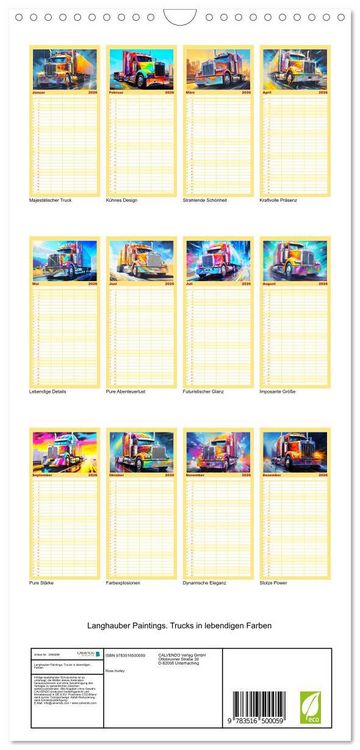 Produktbild: Familienplaner 2026 - Langhauber Paintings. Trucks in lebendigen Farben mit 5 Spalten (Wandkalender, 21 x 45 cm) CALVENDO