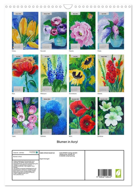 Produktbild: Blumen in Acryl (Wandkalender 2026 DIN A3 hoch), CALVENDO Monatskalender