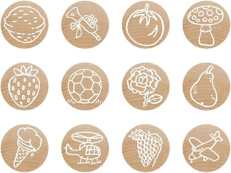 Produktbild: COLOP Woodies Holzstempel Set Mix, 12 Motive, Abdruckgr&ouml;&szlig;e: &Oslash; 29 mm, eckig