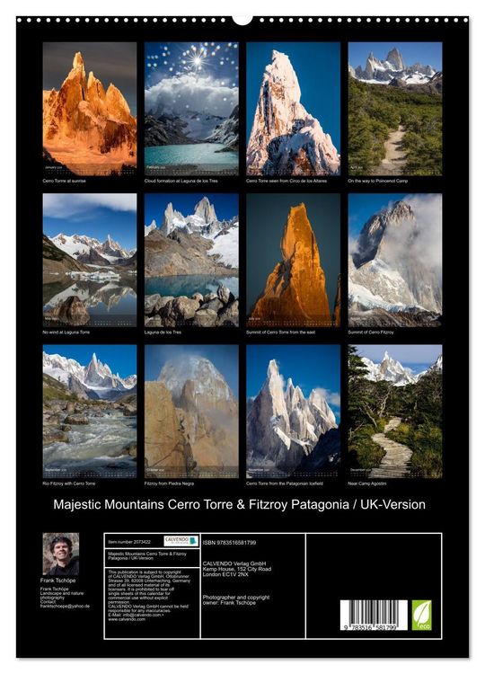 Produktbild: Majestic Mountains Cerro Torre & Fitzroy Patagonia / UK-Version (High Quality Premium Wall Calendar 2026 DIN A2 portrait),CALVENDO 12 Month Wall Calendar