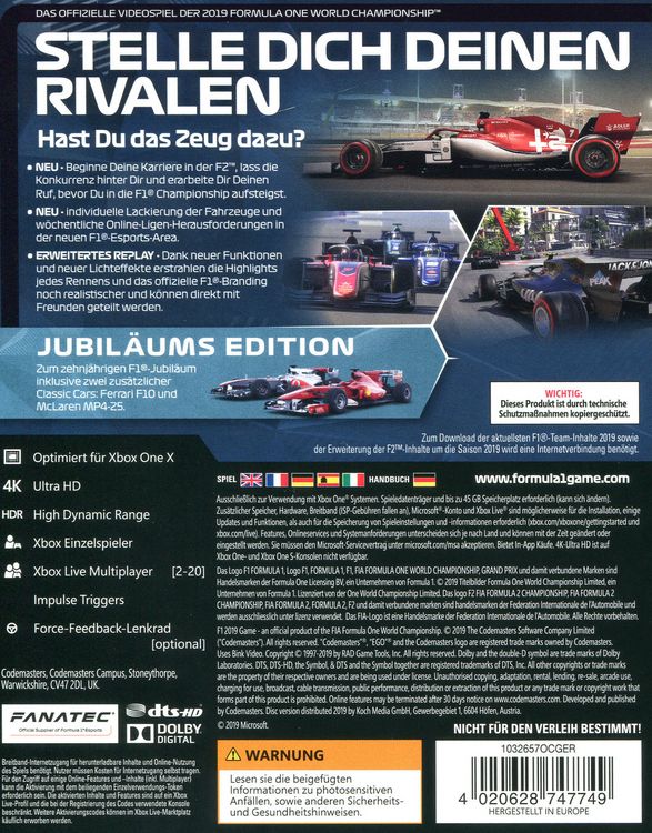 Produktbild: F1 2019 (Jubil&auml;ums Edition)