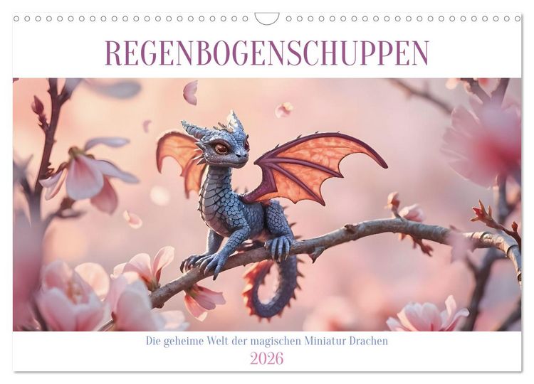 Produktbild: Regenbogenschuppen - Die geheime Welt der magischen Miniatur Drachen (Wandkalender 2026 DIN A3 quer), CALVENDO Monatskalender
