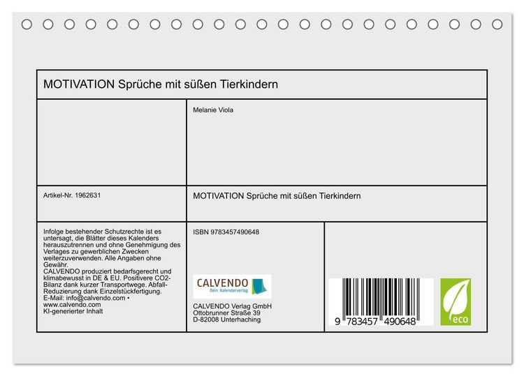 Produktbild: MOTIVATION Spr&uuml;che mit s&uuml;&szlig;en Tierkindern (Tischkalender 2026 DIN A5 quer), CALVENDO Monatskalender
