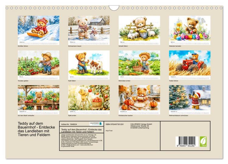 Produktbild: Teddy auf dem Bauernhof - Entdecke das Landleben mit Tieren und Feldern (Wandkalender 2026 DIN A3 quer), CALVENDO Monatskalender