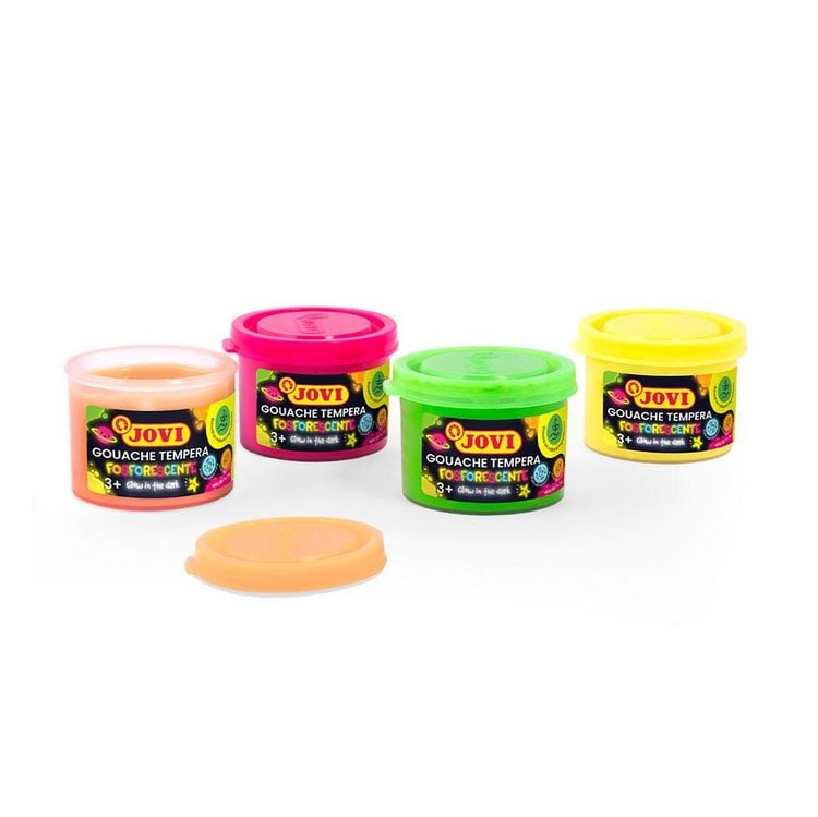 Produktbild: JOVI Gouache Pempera Plakatfarbe, PHOSPHORESCENT Glow in the Dark, 4 Dosen 35 ml