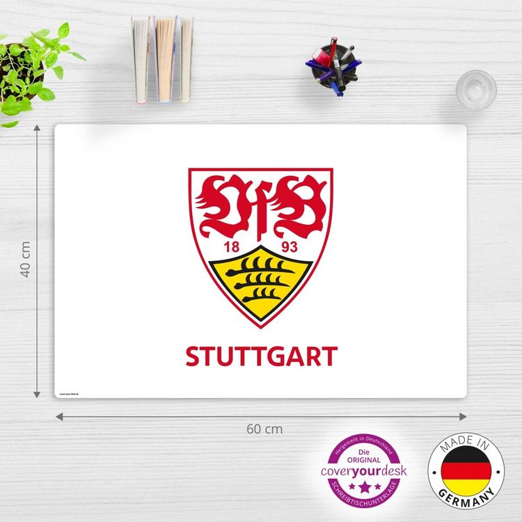Produktbild: Cover-your-desk Schreibtischunterlage f&uuml;r Kinder und Erwachsene VfB Stuttgart Logo wei&szlig; - 60 x 40 cm, aus premium Vinyl