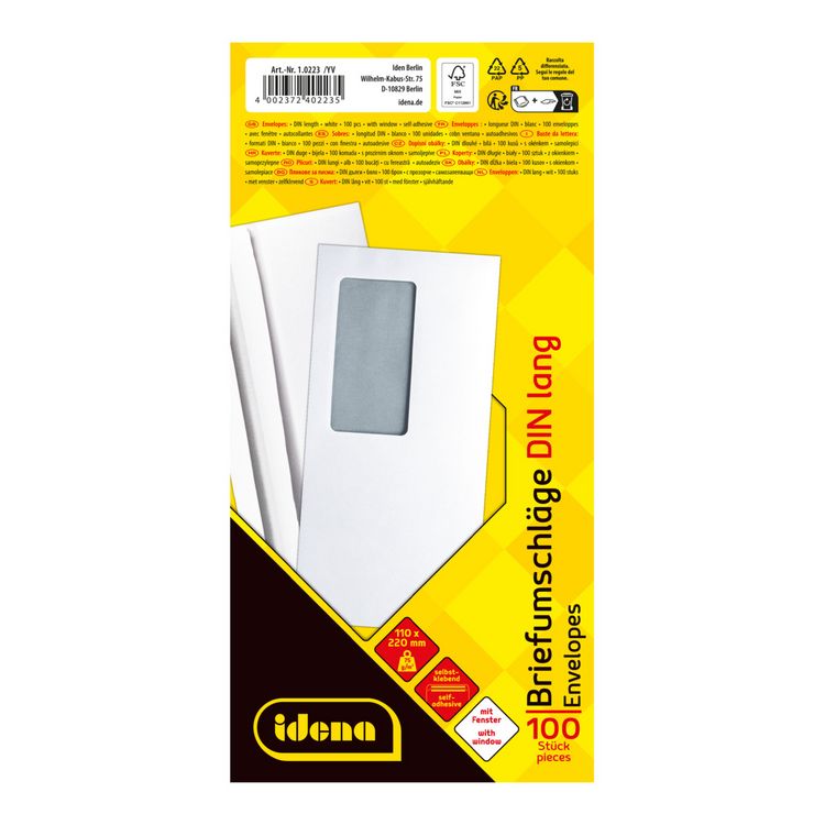 Produktbild: Idena Briefumschl&auml;ge 75g/m&sup2; selbstklebend mit Fenster wei&szlig; DIN lang 100 St&uuml;ck