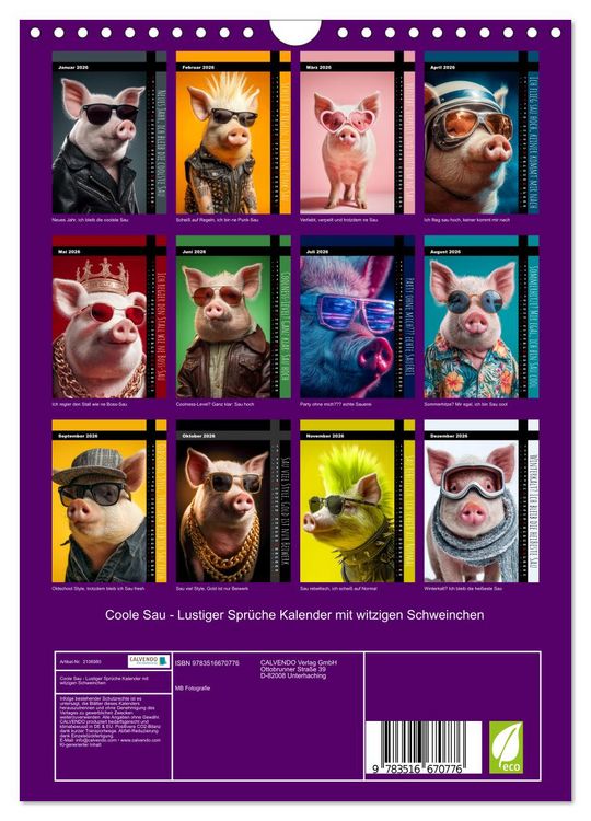 Produktbild: Coole Sau - Lustiger Spr&uuml;che Kalender mit witzigen Schweinchen (Wandkalender 2026 DIN A4 hoch), CALVENDO Monatskalender