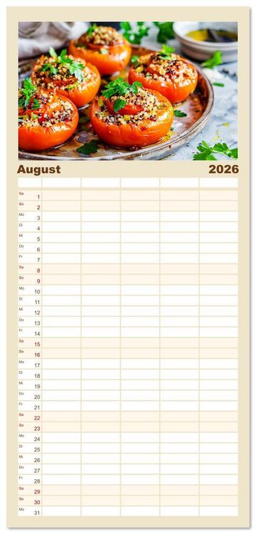 Produktbild: Familienplaner 2026 - Alles Tomate oder was?! - Herzhafte Speisen rund um die Tomate mit 5 Spalten (Wandkalender, 21 x 45 cm) CALVENDO