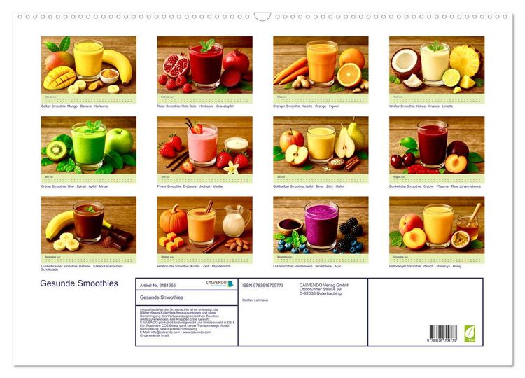 Produktbild: Gesunde Smoothies (Wandkalender 2026 DIN A2 quer), CALVENDO Monatskalender