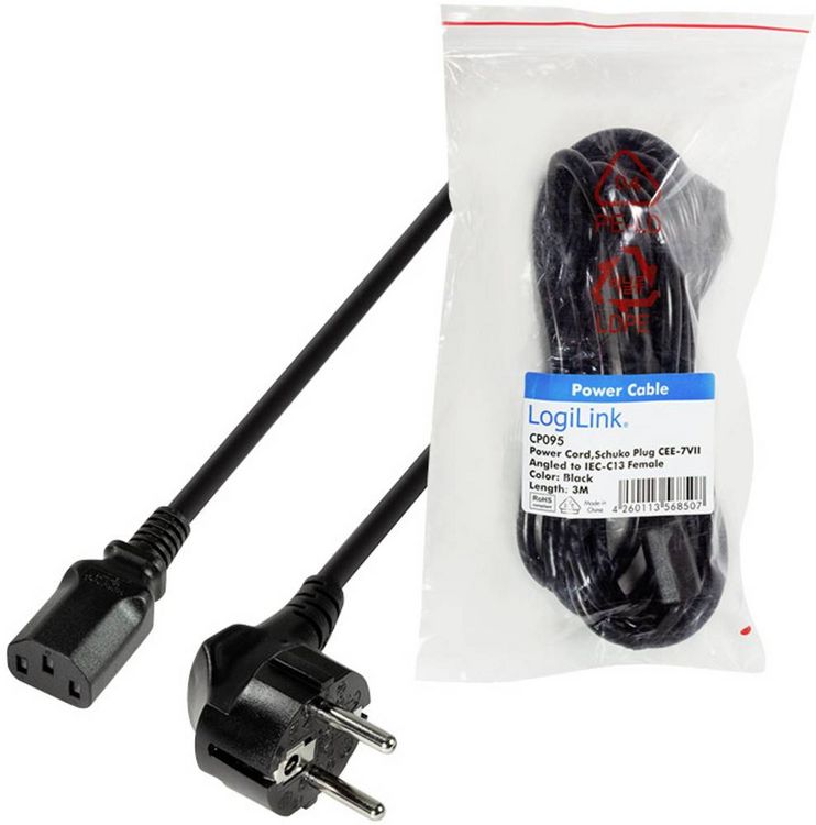 Produktbild: LogiLink Strom Anschlusskabel [1x Schutzkontakt-Winkelstecker - 1x Kaltger&auml;te-Stecker C13] 3.00 m Schwarz