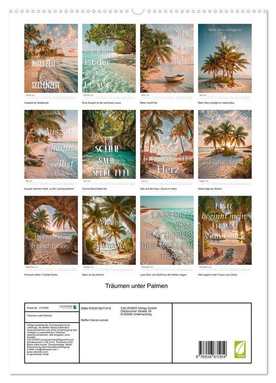 Produktbild: Tr&auml;umen unter Palmen (hochwertiger Premium Wandkalender 2026 DIN A2 hoch), Kunstdruck in Hochglanz