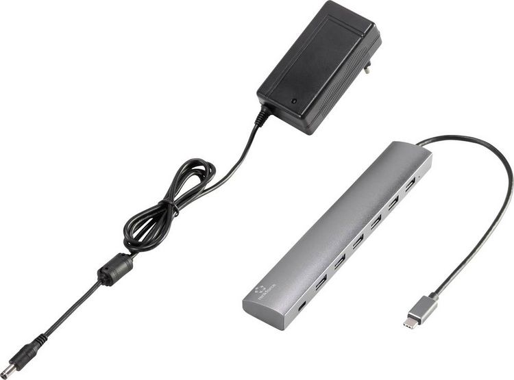 Produktbild: Renkforce RF-3374946 USB-Hub 6+1 Port USB-A USB 3.2 Gen1 5 GBit/s mit Pass-Through Stromanschluss, mit Aluminiumgeh&auml;use Silber